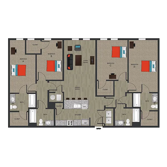Floor plan D1 - Private Bedroom in 4x4