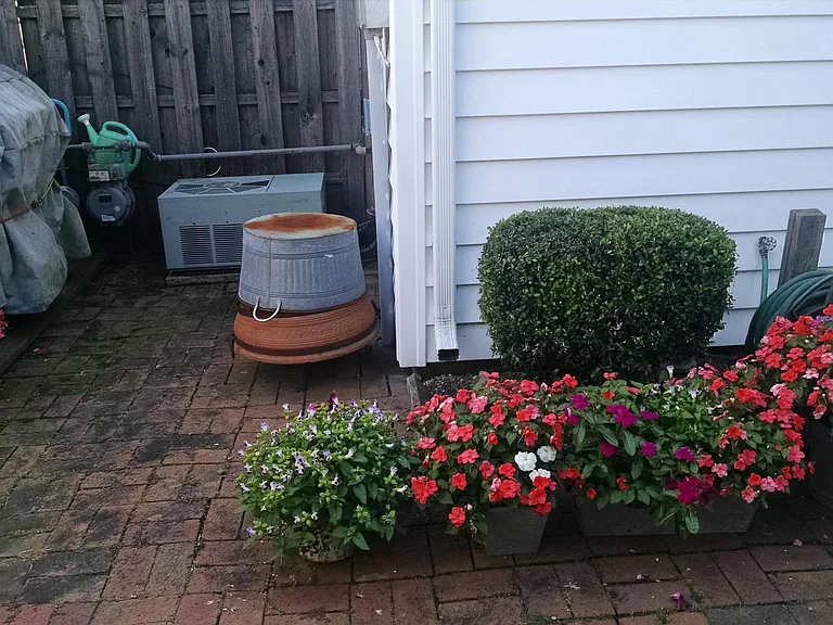 Patio and attached storage shed