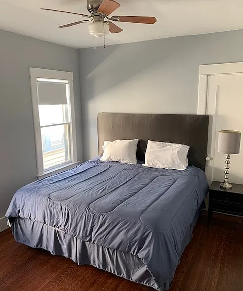 king bed in master with ceiling fan