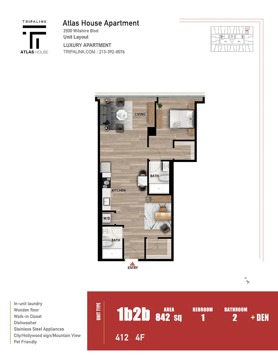 Floor plan 1 Bed 2 Bath +Den - 842 sqft