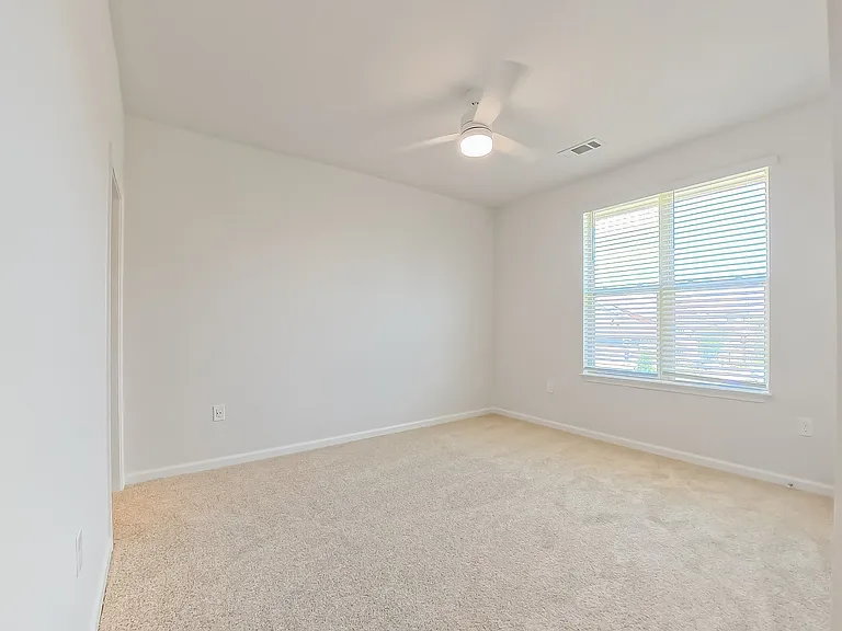 Bright, cozy room with plush carpeting and a ceiling fan, illuminated by natural light from a large window with blinds.