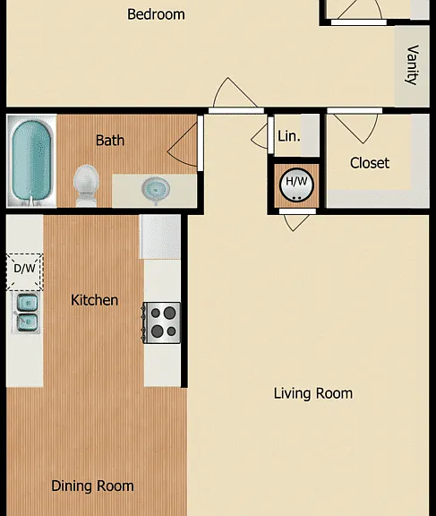 1 Bed 1 Bath A Floorplan Diagram