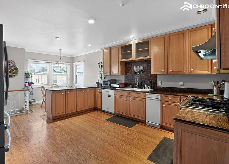 The kitchen features ample space