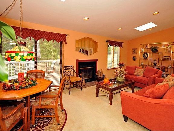 Skylit, vaulted family room with wood burning fireplace