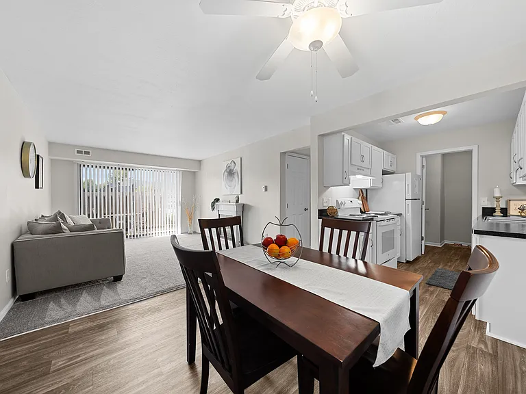 Open Floor layout kitchen and dining at Three Oaks Apartments in Troy, MI
