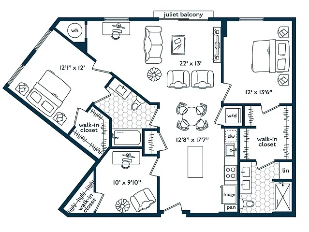 Floor plan Two Bedroom Two Bath Den (1283 SF)