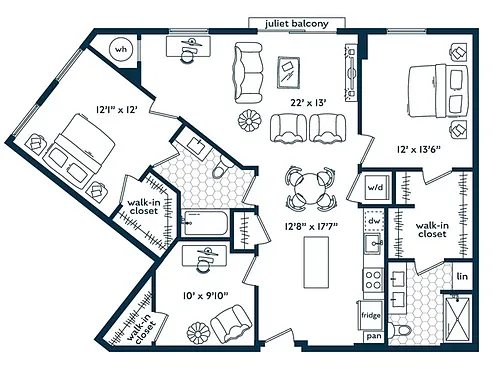 Floor plan Two Bedroom Two Bath Den (1283 SF)