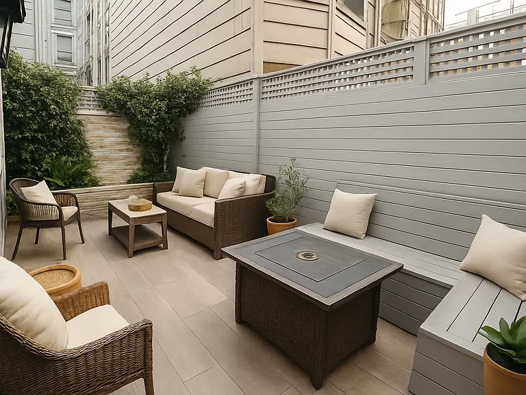 Backyard with built-in bench seating and custom-built waterfall feature