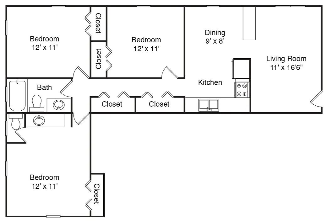 Floor plan 3 Bedroom, 1 Bath