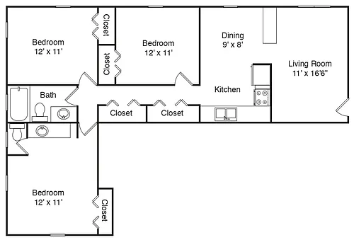Floor plan 3 Bedroom, 1 Bath