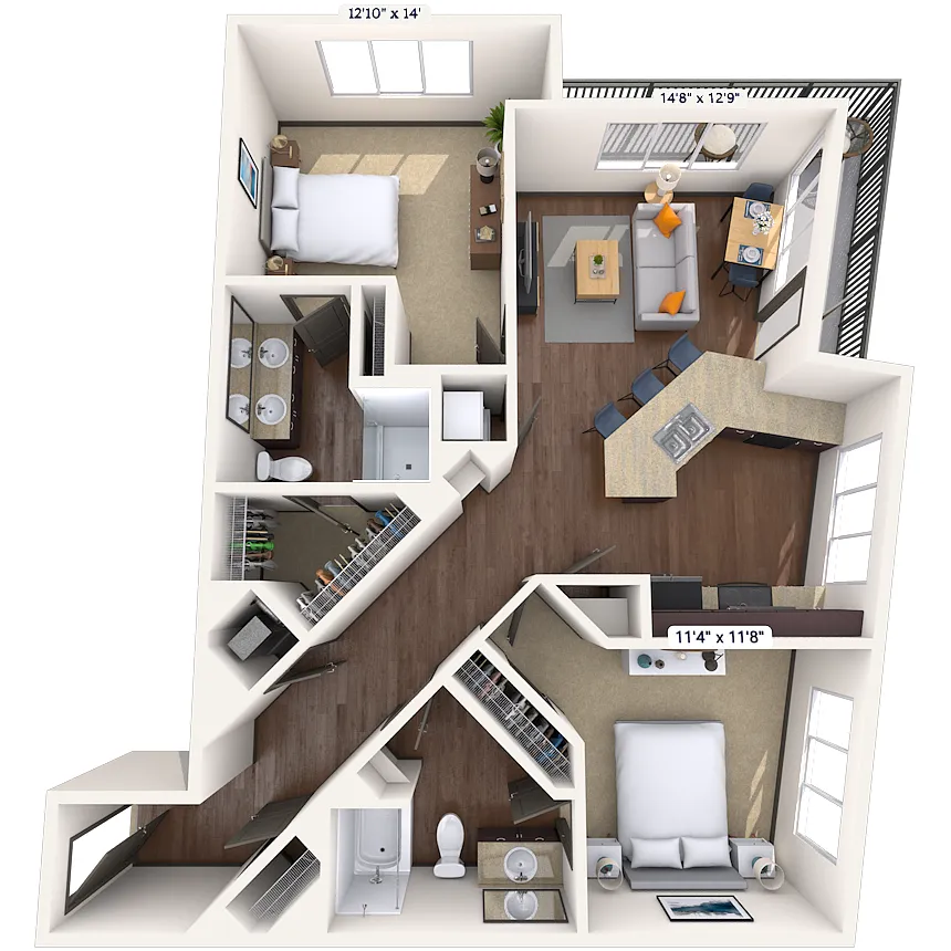 Floor plan Traditional 2x2 1176-1190 SF