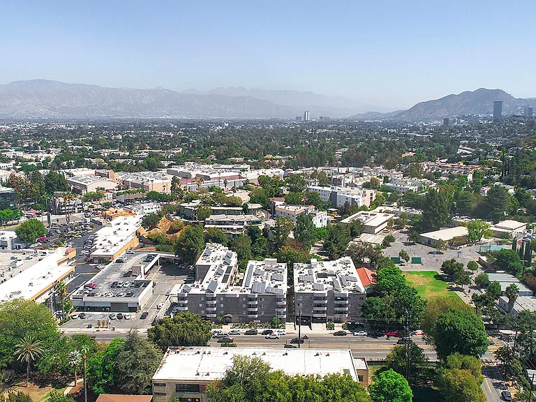 Drone view of Catalina Apartments, a short distance to Ventura Boulevard.