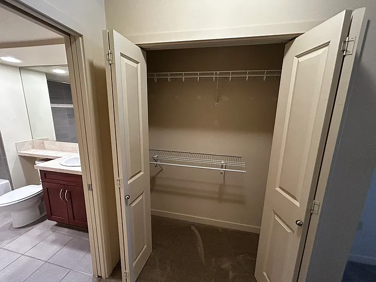 Closet between the bedroom and bathroom. Pocket door entry into bathroom from bedroom side.