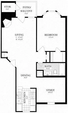 Floor plan 1 Bed + Den, 1 Bath 792 SF 1D1