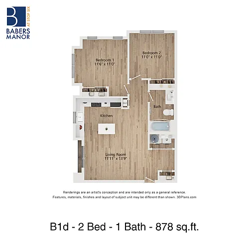 Floor plan B1d | 2 Bed | 1 Bath | LIHTC 80