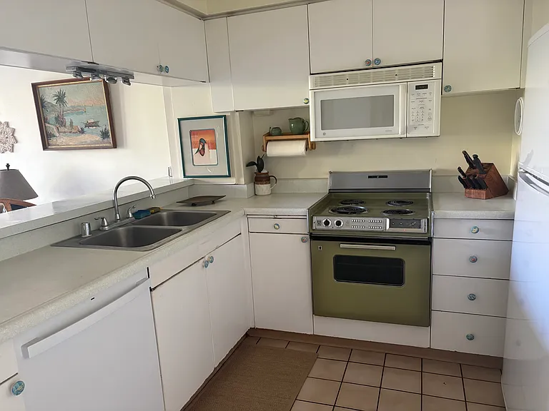 There is a roomy, older style kitchen with a dishwasher, microwave, and refrigerator.