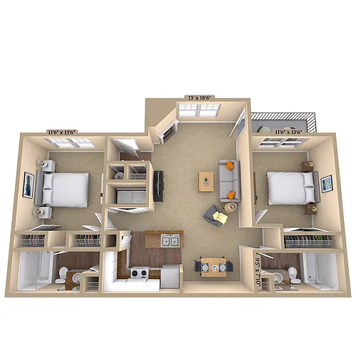 Floor plan 2BR 2BA (1017 SF)