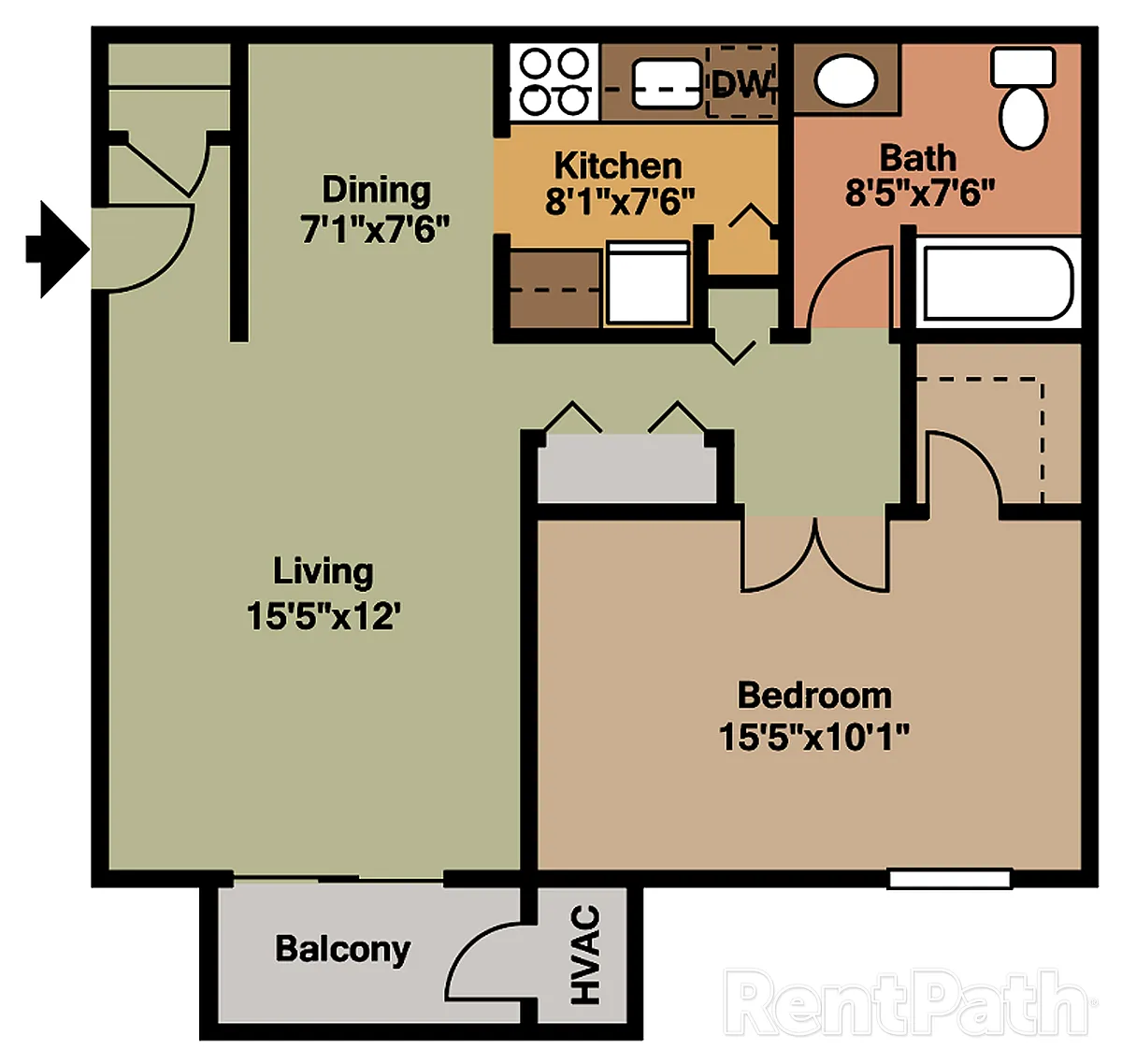 Floor plan 101 - 1 Bdrm, 1 Bath