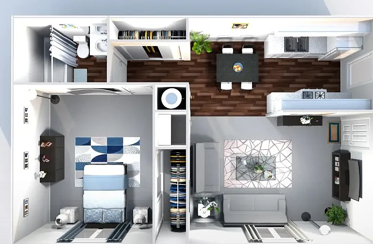 Modern 1-bedroom apartment floor plan featuring an open-concept kitchen, cozy dining area, and stylish living room. Ideal for city living. Modern 1-bedroom apartment floor plan featuring an open-concept kitchen, cozy dining area, and stylish living room. 