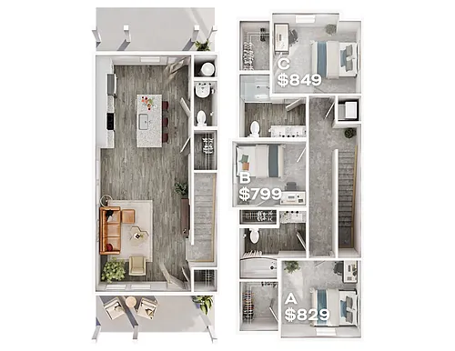 Floor plan 3BR/2.5BA - Duplex