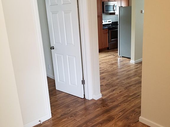 view from entry looking toward the living room and kitchen; bedroom ahead, and bathroom with large storage closet to the left.