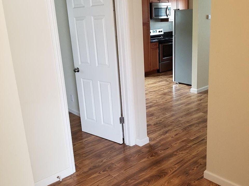 view from entry looking toward the living room and kitchen; bedroom ahead, and bathroom with large storage closet to the left.