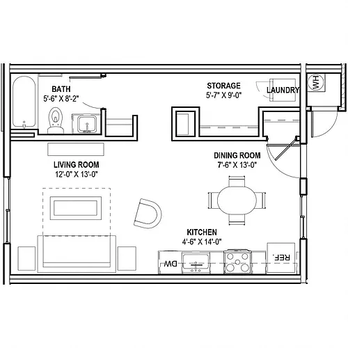 Floor plan S1: 0 Bed 1 Bath
