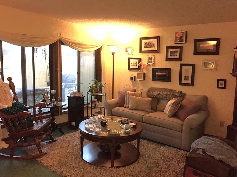 Living room - with double-width, large windows. The patio you see is yours! The flooring is bright tiling, that green you see is a rug with another rug on top.