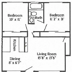 Floor plan 2B 1B Fireplace