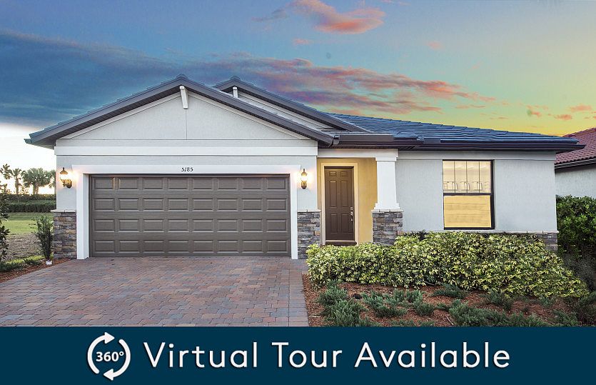 The Oasis, a single-story home with a 2 car garage, shown with Home Exterior C2A.
