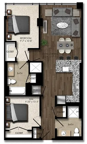 Floor plan 1 Bed/2 Bath Den-3E
