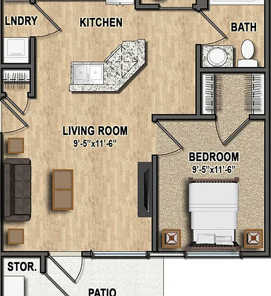 The Abbington is a one-bedroom floor plan featuring an open-concept kitchen and living space, in-unit laundry, and a walk-in closet. The Abbington is a one-bedroom floor plan featuring an open-concept kitchen and living space, in-unit laundry, and a walk-