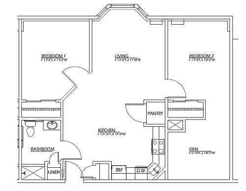 Floor plan 2 Bed 1 Bath with Den
