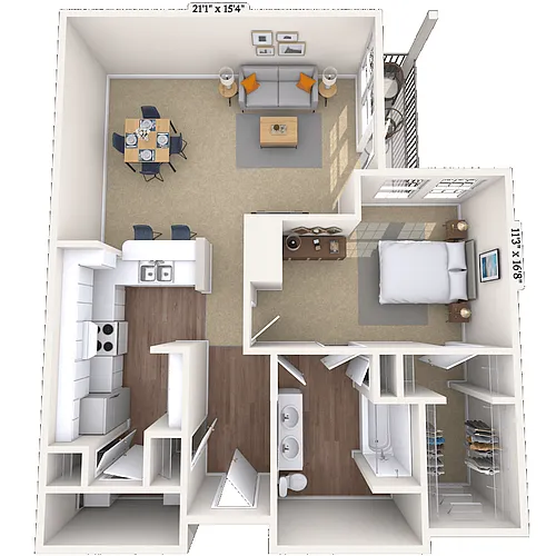 Floor plan Traditional 1x1 961 SF