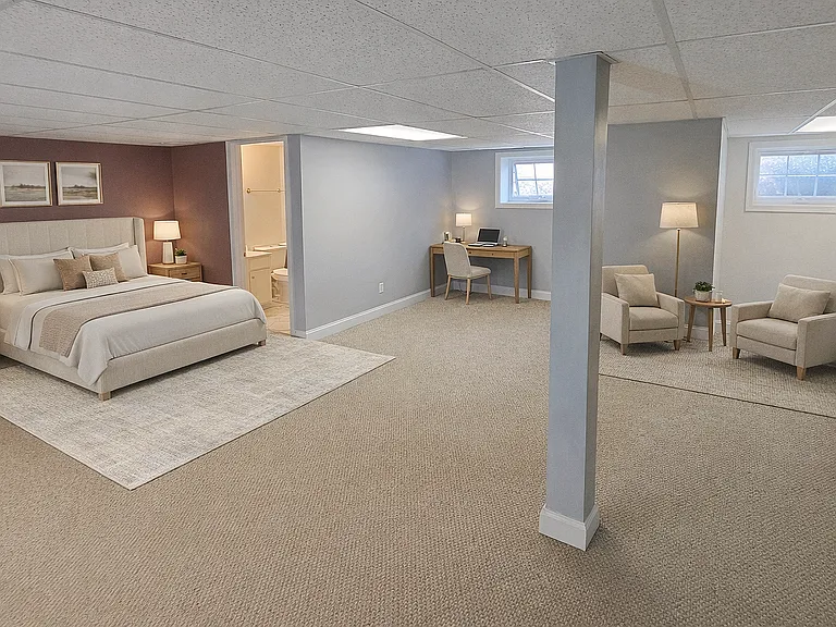 Virtually staged to demonstrate possible bedroom layout and use of space