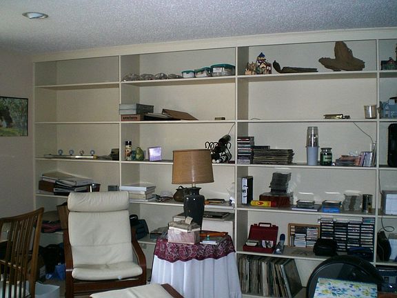 Family room with built-in shelves
