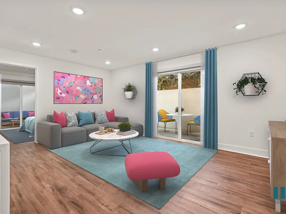 Living Room with Vinyl Flooring, Recessed Lighting, and Patio