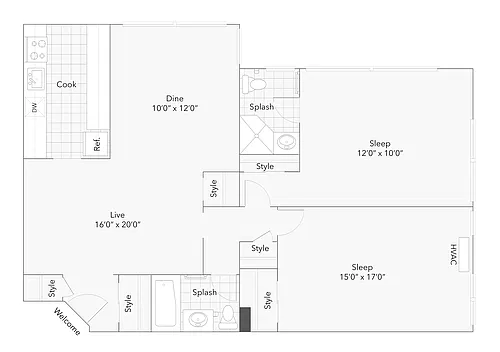 Floor plan 2 BR x 2 BA - A