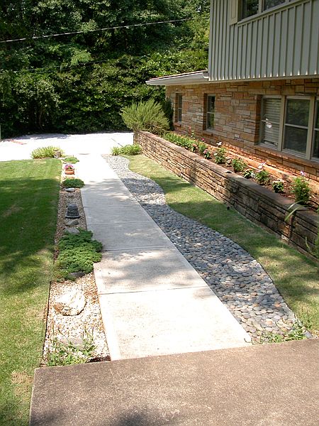 front walk, stone planter