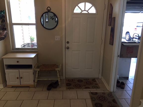 Inside, garage door on right