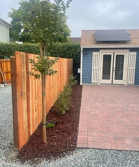A fence was added for more privacy. Flowers and bushes will grow bigger soon with a large tree on the corner for shade
