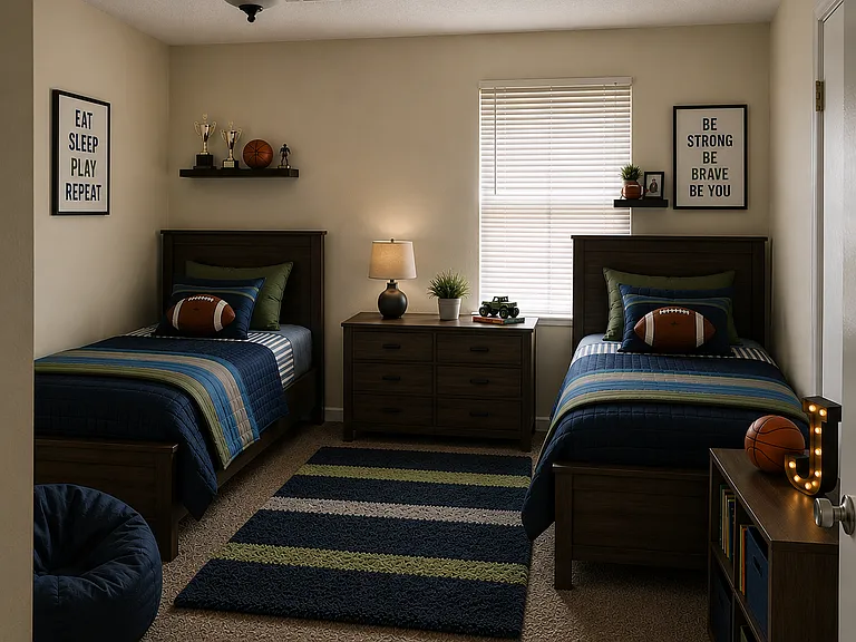 Bedroom #1 w/ ceiling fan View A (AI Furniture, throw rug, pics and toys NOT included)