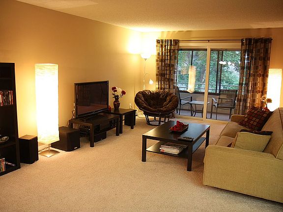 Spacious Living Room with new carpet, window treatments.