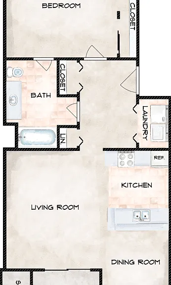 1 Bed 1 Bath Floorplan Diagram