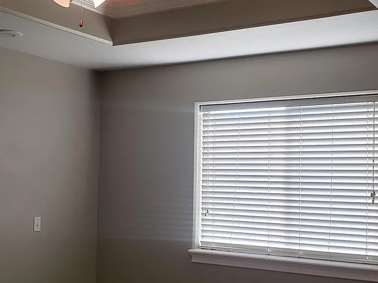 Luxury coffered ceilings and fan in owner's bedroom.