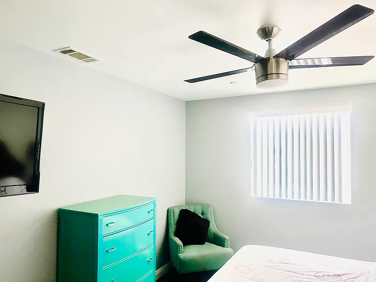 Bedroom #3: King-size Bed w/ memory foam mattress, Flat screen TV w/ Fire-stick, Ceiling fan, Dresser, Nite stands, Spacious closet.