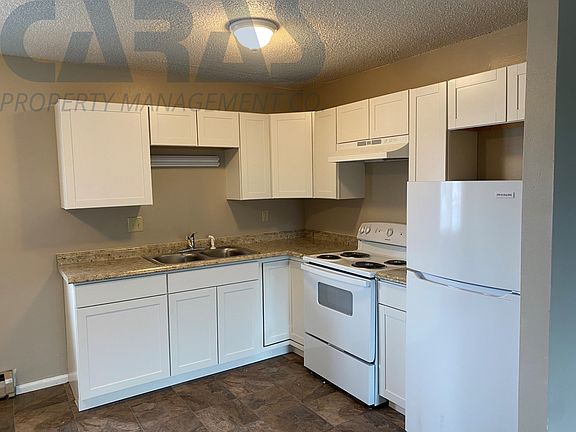 Bright kitchen with natural light, storage, and vinyl floors.
