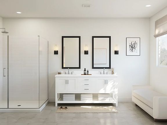 Primary bath with freestanding vanity