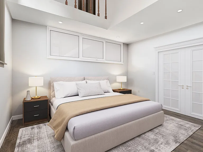 First Floor Master Bedroom with 17' tall windows, French Doors, Walk in Closet, On suite Bath