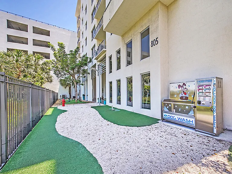 Luxury apartment community pet wash station and fenced dog run with turf play area